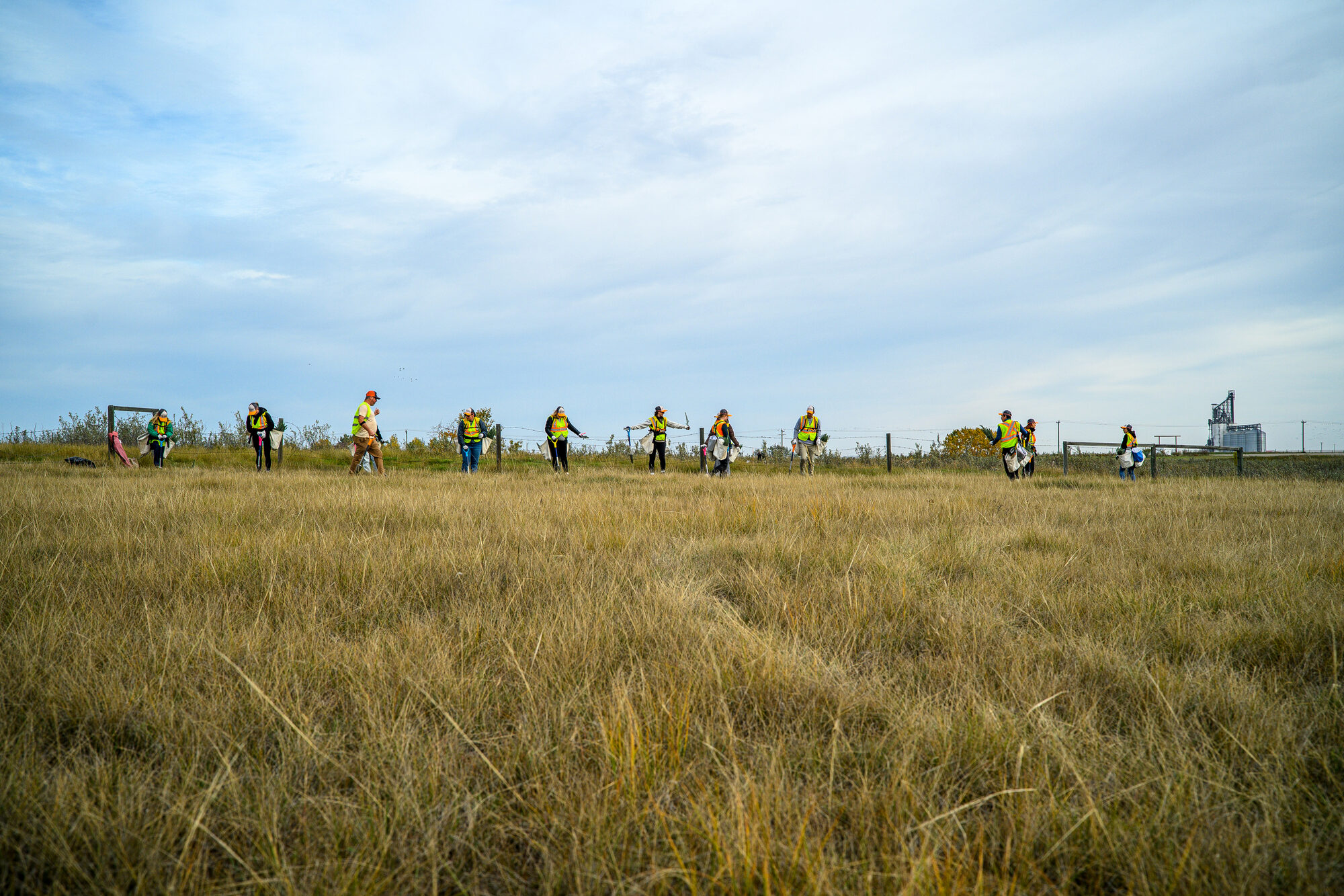 A line of planters working across a wide field