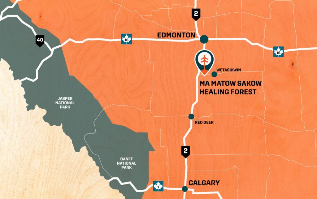 Map of Alberta marking the Ma Matow Sakow Healing Forest near Wetaskiwin, between Edmonton and Calgary